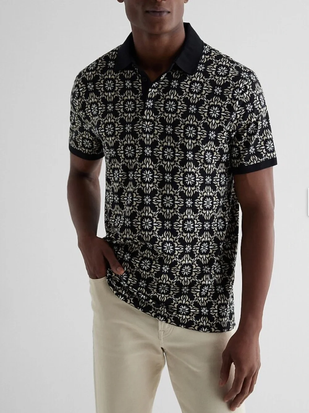 🇺🇸 Express Polo XL Black Geometric White Beige Geo Perfect Pima Cotton Stretc - Picture 2 of 16
